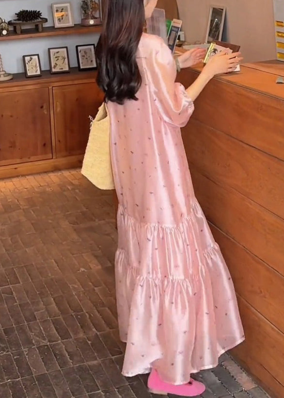 Fine Pink O-Neck Print Silk Long Dress Bracelet Sleeve