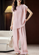 Load image into Gallery viewer, Fine Pink O-Neck Top And Wide Leg Pants Silk Linen Two Pieces Set Summer