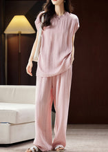 Load image into Gallery viewer, Fine Pink O-Neck Top And Wide Leg Pants Silk Linen Two Pieces Set Summer