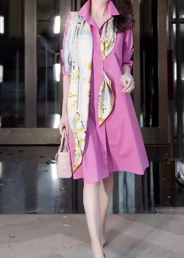 Fine Pink Peter Pan Collar Patchwork Fake Two Pieces Long Shirts Dress Spring