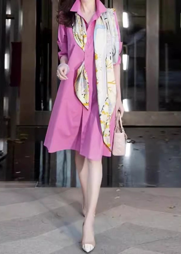 Fine Pink Peter Pan Collar Patchwork Fake Two Pieces Long Shirts Dress Spring