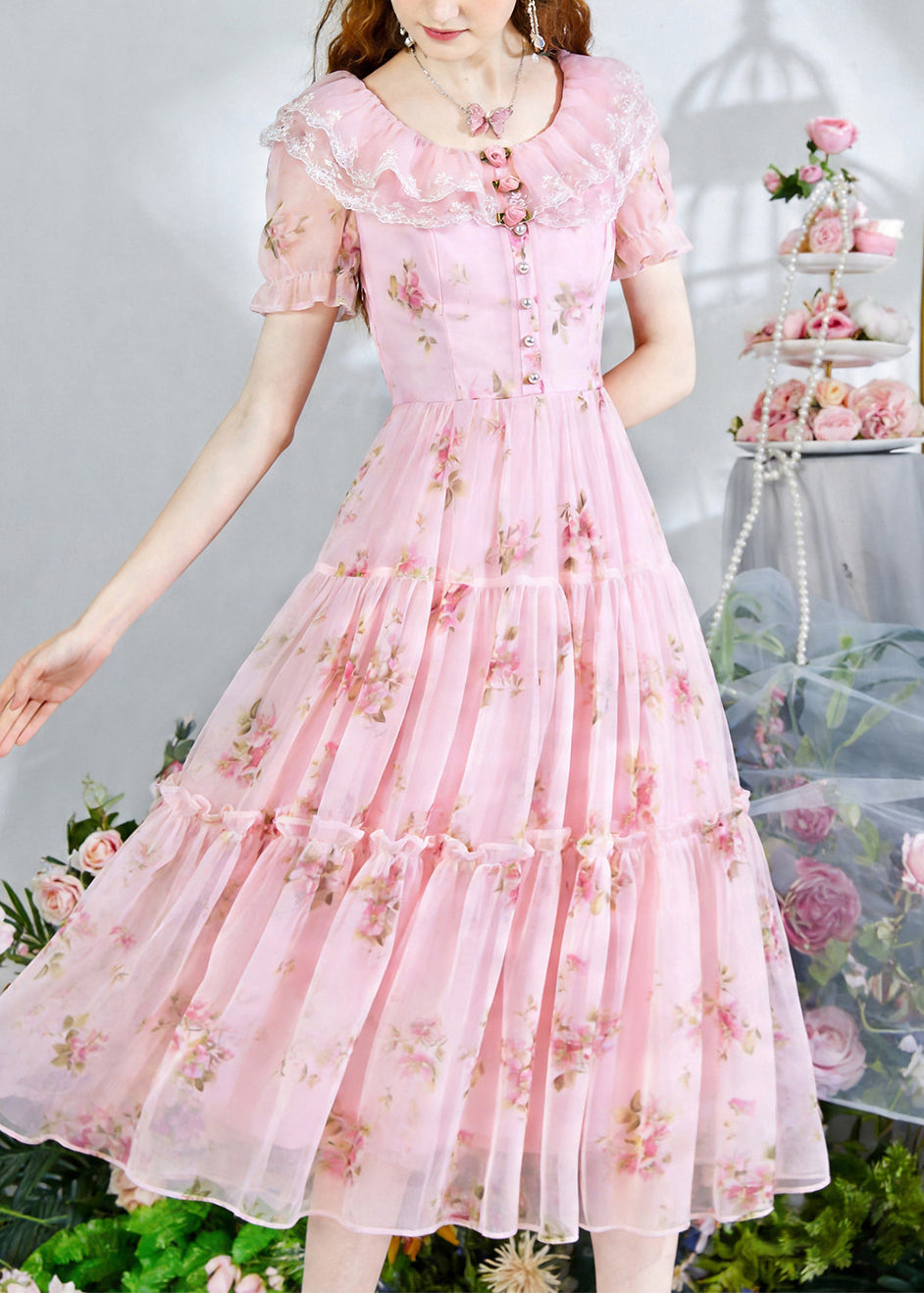 Fine Pink Print Chiffon Party Dress Summer