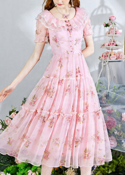 Fine Pink Print Chiffon Party Dress Summer