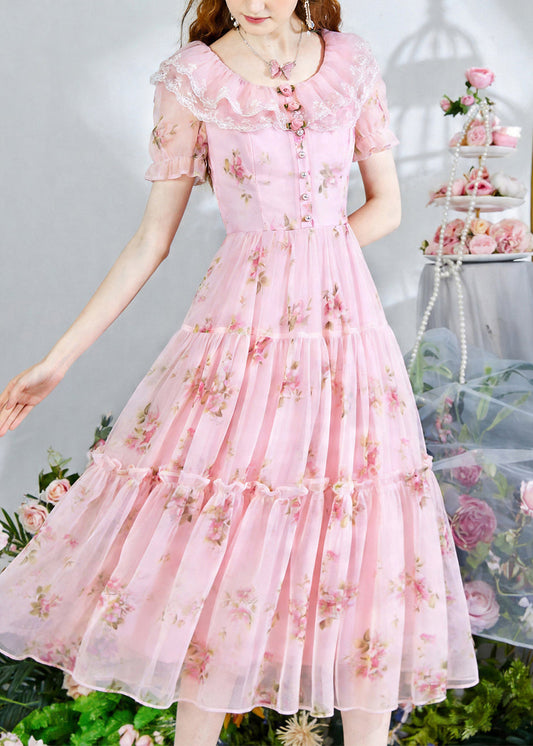 Fine Pink Print Chiffon Party Dress Summer