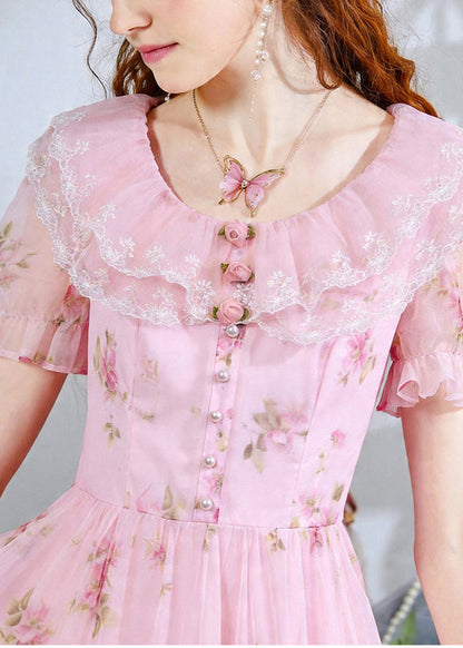 Fine Pink Print Chiffon Party Dress Summer