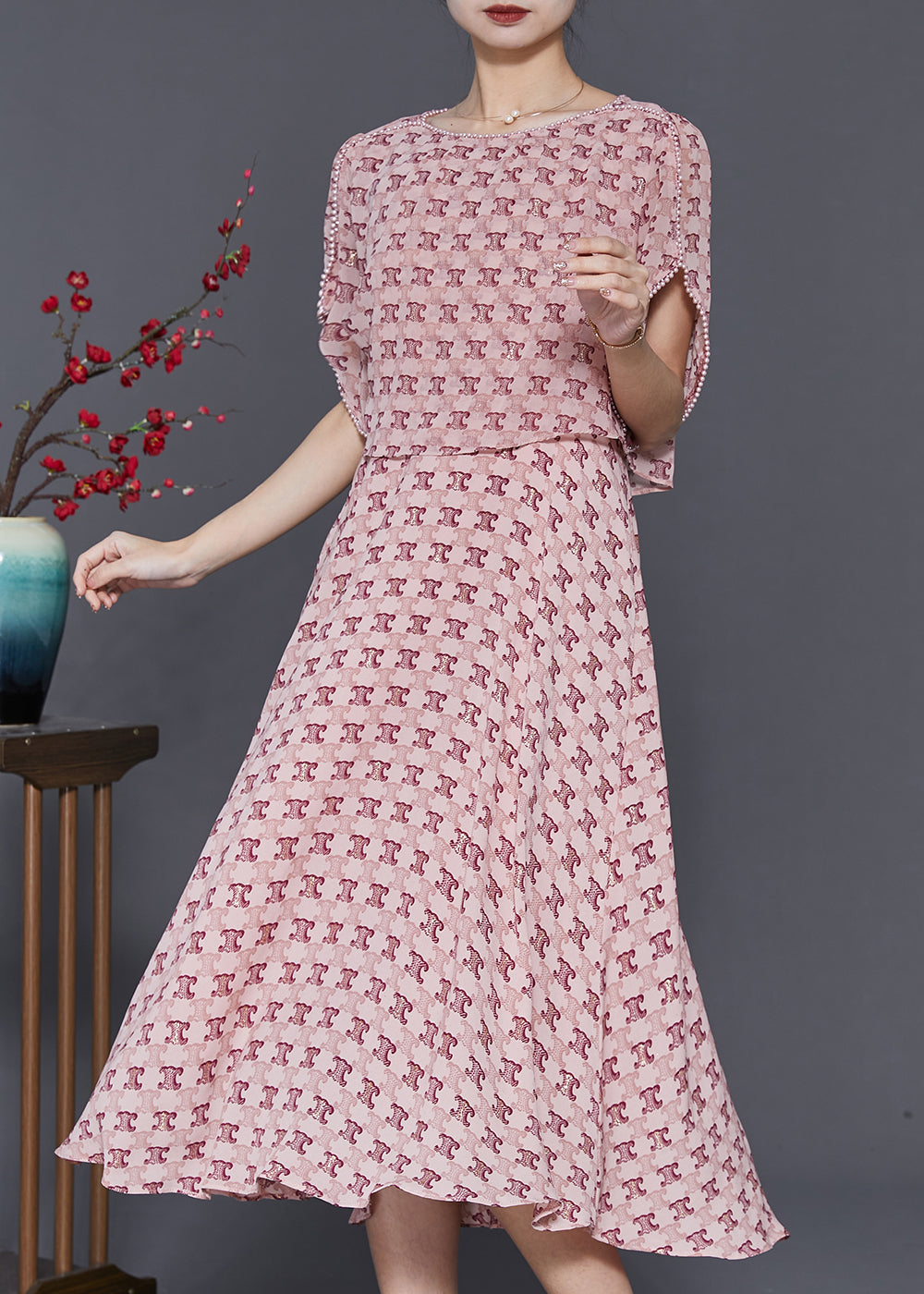 Fine Pink Print Nail Bead Chiffon Fake Two Piece Dress Summer