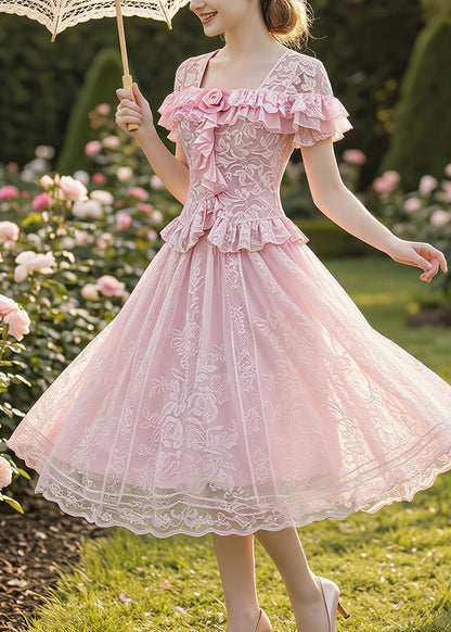 Fine Pink Ruffled Floral Lace Two Pieces Set Summer