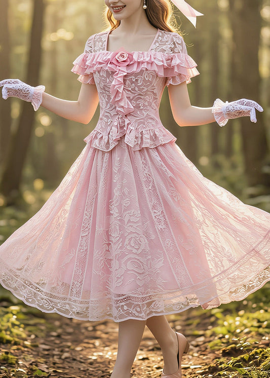 Fine Pink Ruffled Floral Lace Two Pieces Set Summer