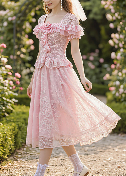 Fine Pink Ruffled Floral Lace Two Pieces Set Summer