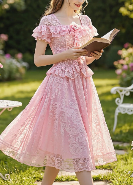 Fine Pink Ruffled Floral Lace Two Pieces Set Summer