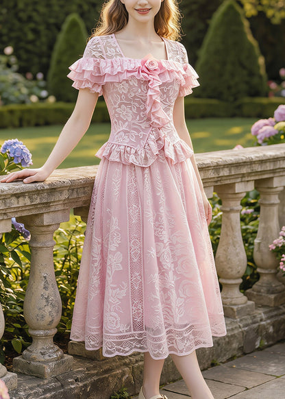 Fine Pink Ruffled Floral Lace Two Pieces Set Summer