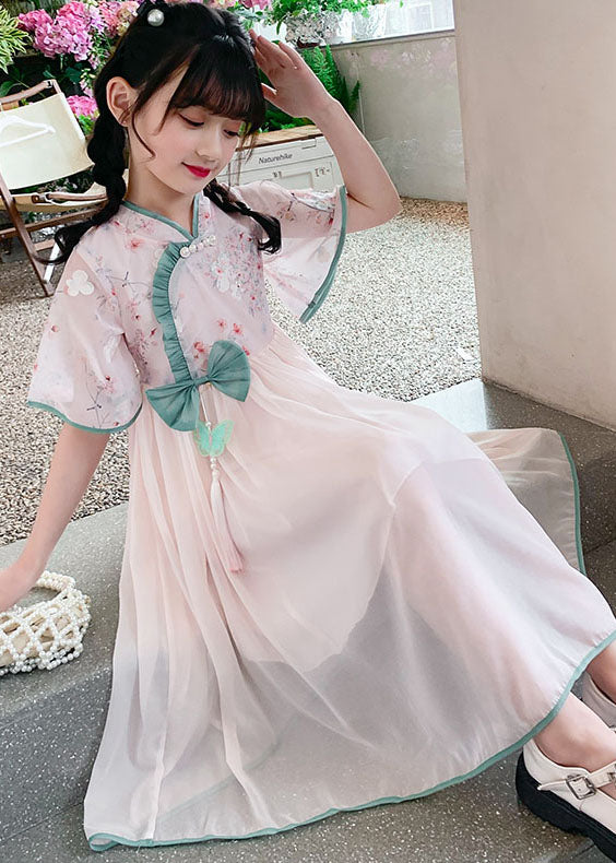 Fine Pink Ruffled Tasseled Patchwork Chiffon Kids Girls Dress Summer