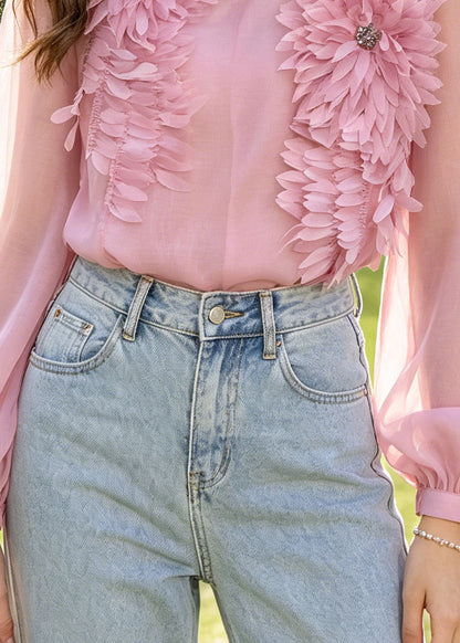 Fine Pink Scallop Trim Cotton UPF 50+ Blouses Summer
