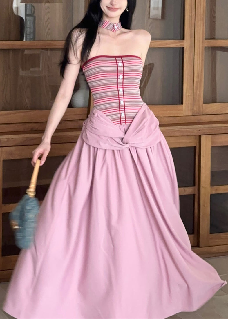 Fine Pink Striped Patchwork Fake Two Pieces Long Dress Summer
