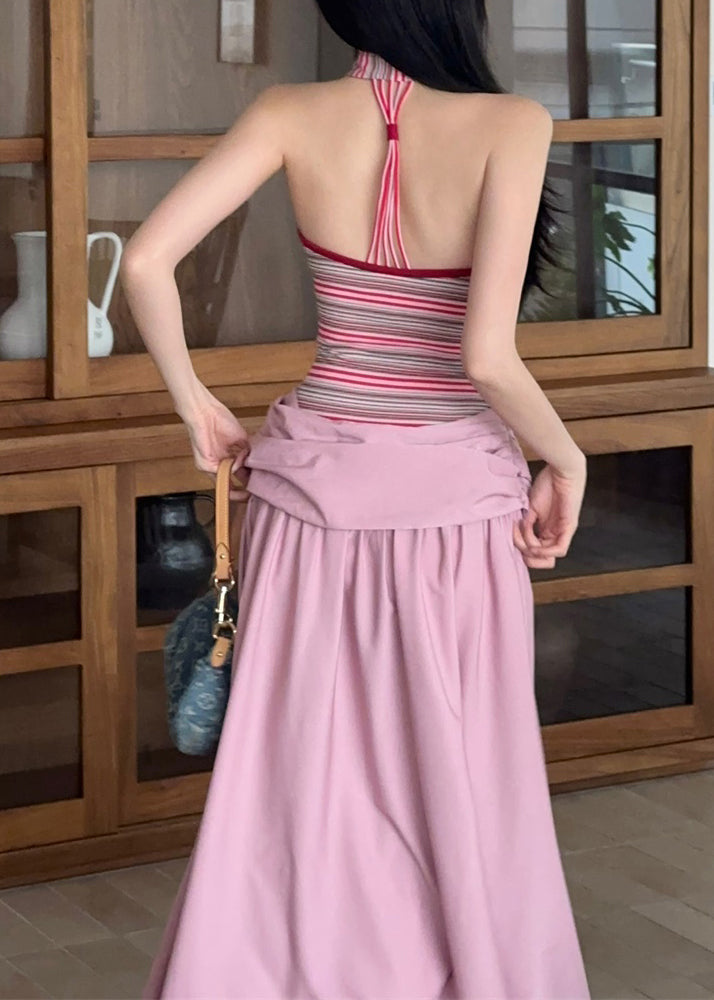 Fine Pink Striped Patchwork Fake Two Pieces Long Dress Summer