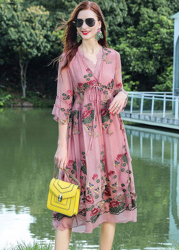 Fine Pink V Neck Embroidered Patchwork Silk Dresses Summer