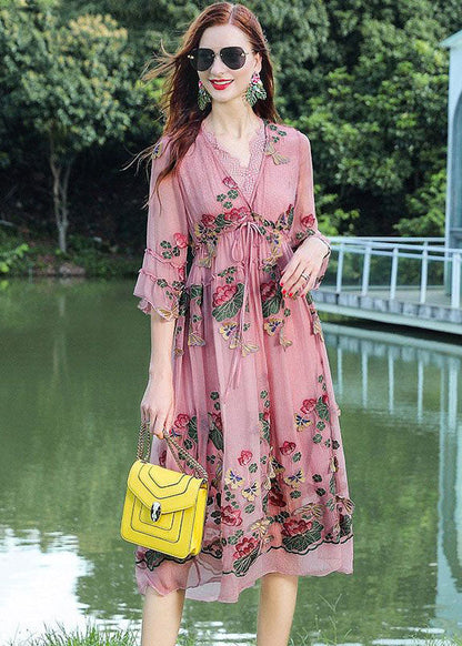 Fine Pink V Neck Embroidered Patchwork Silk Dresses Summer