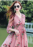 Fine Pink V Neck Embroidered Patchwork Silk Dresses Summer