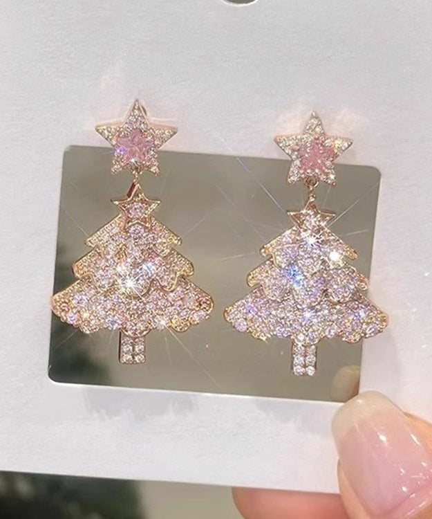 Fine Pink Zircon Christmas Tree Drop Earrings