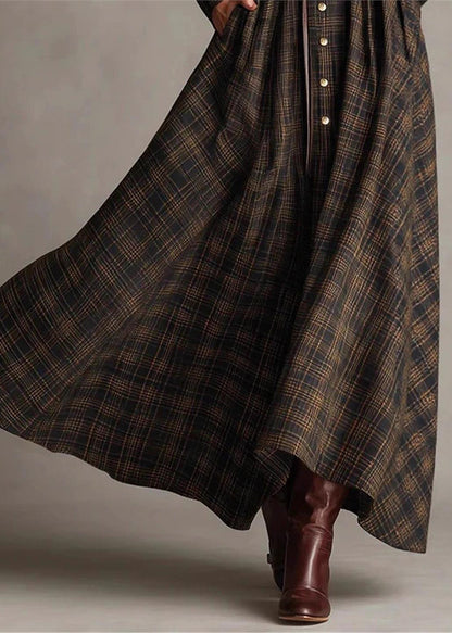Fine Plaid Peter Pan Collar Button Cotton Dresses Long Sleeve
