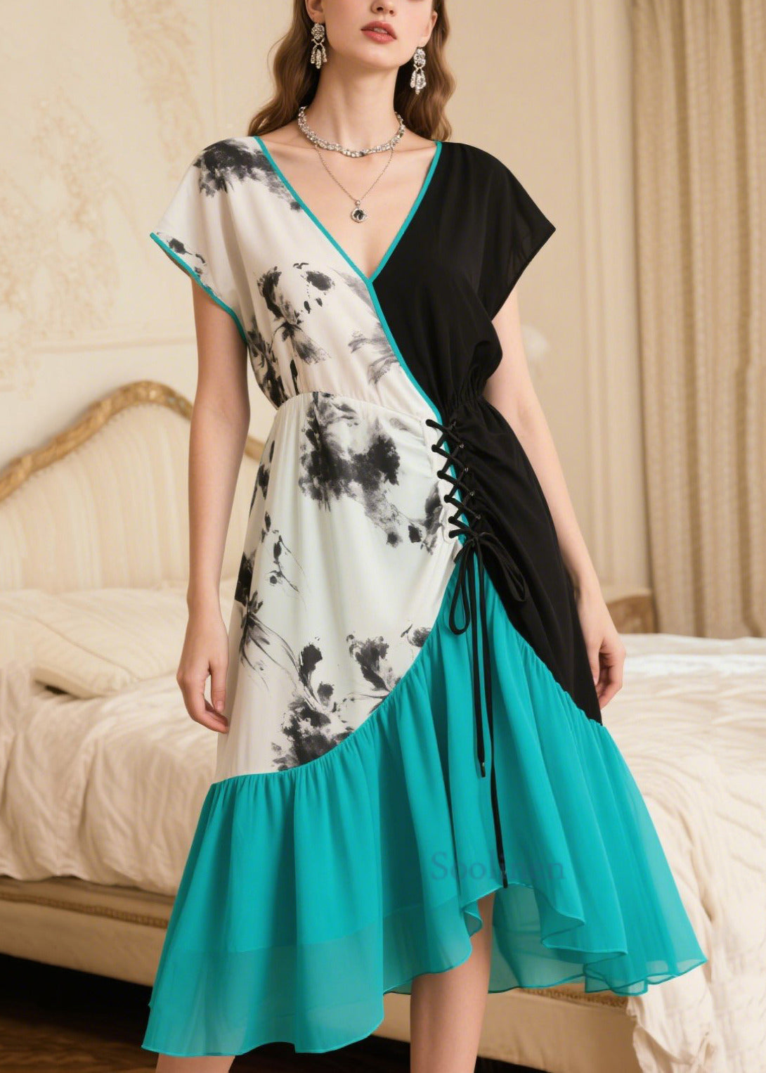 Fine Print Asymmetrical Patchwork Chiffon Robe Dresses Summer