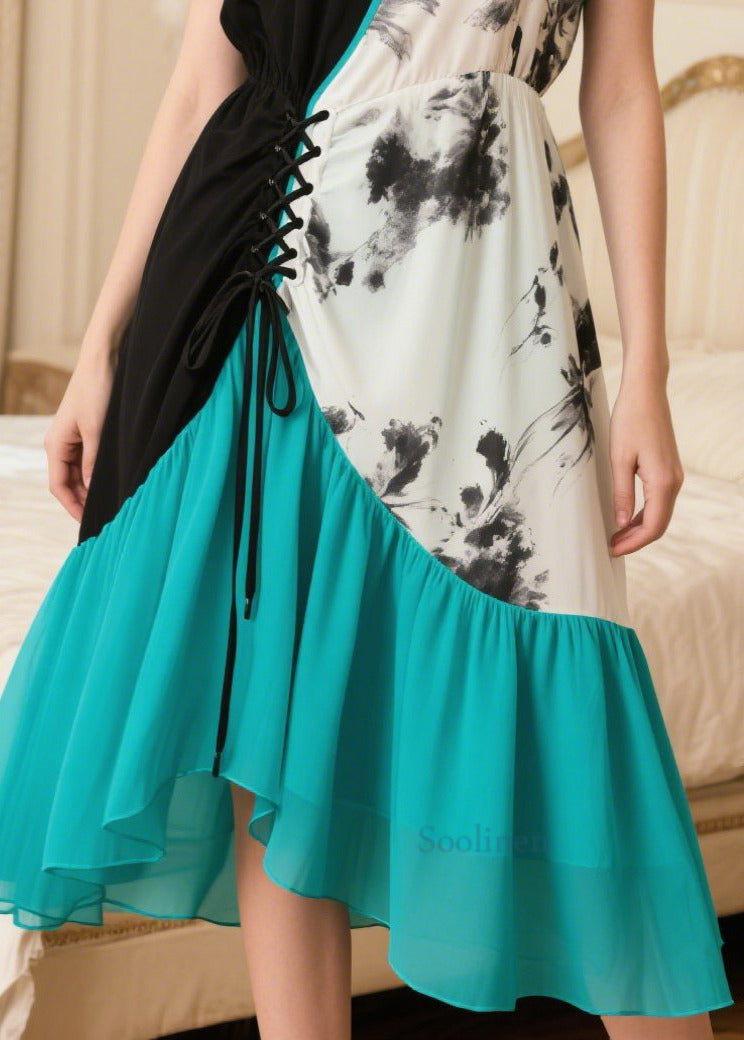 Fine Print Asymmetrical Patchwork Chiffon Robe Dresses Summer