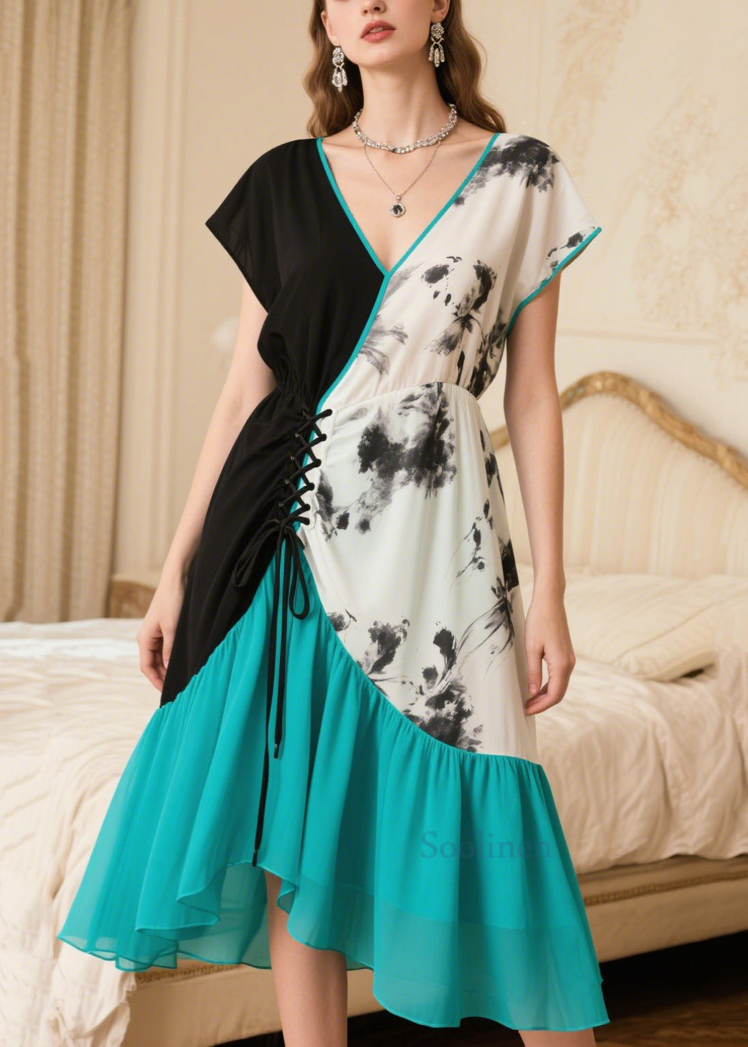 Fine Print Asymmetrical Patchwork Chiffon Robe Dresses Summer