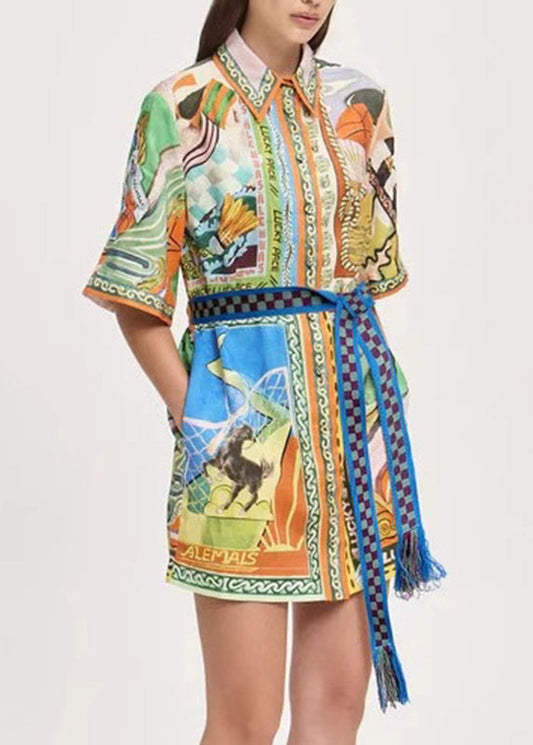 Fine Print Tie Waist Mid Dress Short Sleeve