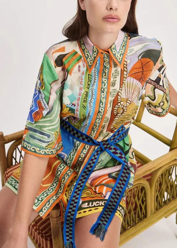 Fine Print Tie Waist Mid Dress Short Sleeve