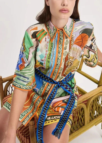 Fine Print Tie Waist Mid Dress Short Sleeve