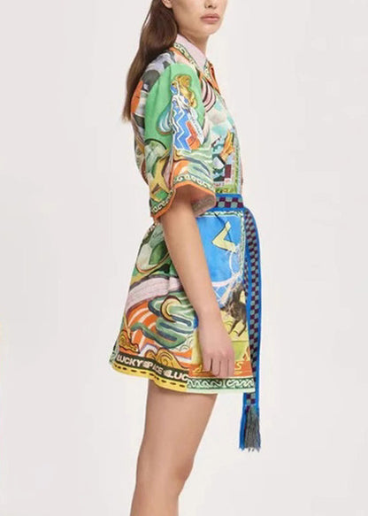 Fine Print Tie Waist Mid Dress Short Sleeve