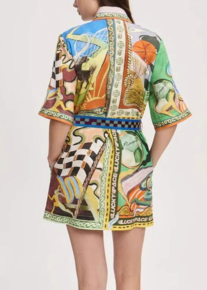 Fine Print Tie Waist Mid Dress Short Sleeve