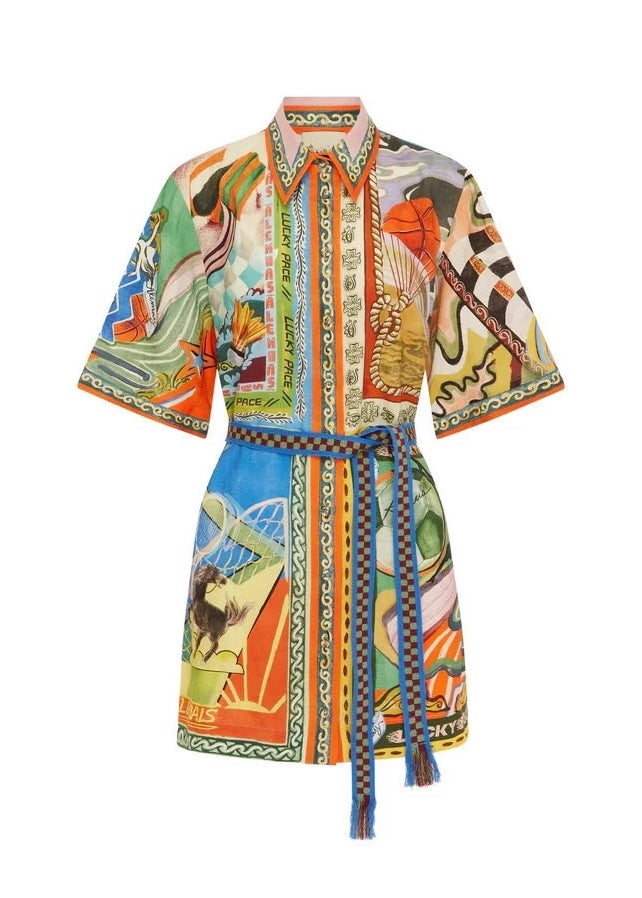 Fine Print Tie Waist Mid Dress Short Sleeve