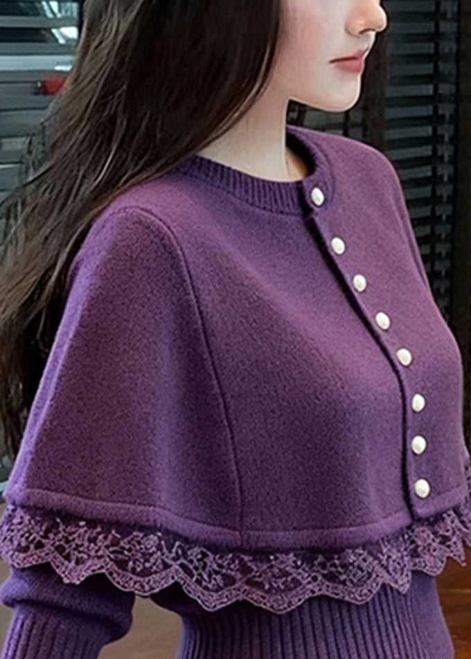 Fine Purple Button Lace Patchwork Knit Cape Sweater Winter