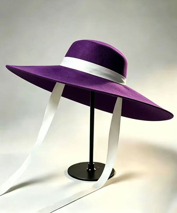 Fine Purple Oversized Brim With Streamer Cashmere Cloche Hat