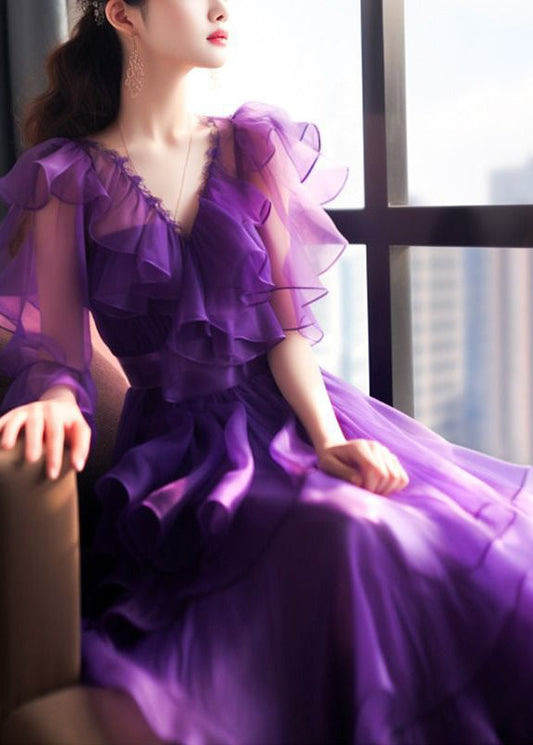 Fine Purple Patchwork Tulle Maxi Dress Short Sleeve