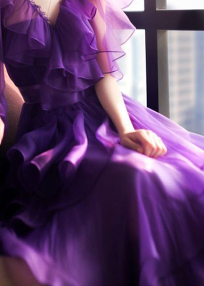 Fine Purple Patchwork Tulle Maxi Dress Short Sleeve