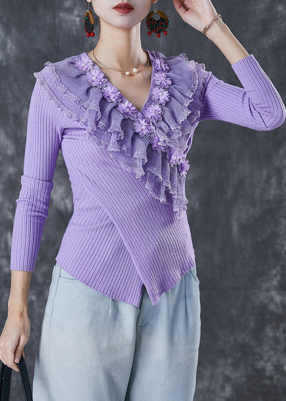 Fine Purple Ruffled Asymmetrical Silm Fit Knit Tops Spring