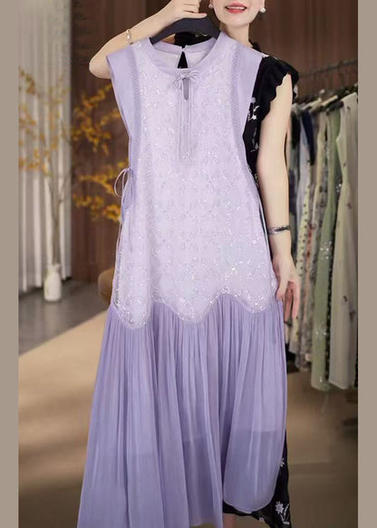 Fine Purple Sequins Lace Up Patchwork Chiffon Long Dress Sleeveless