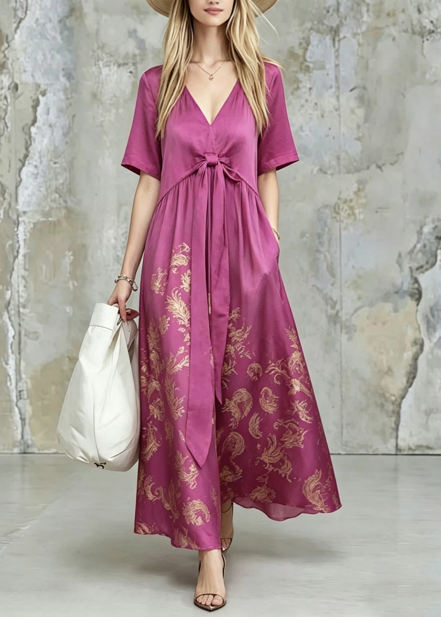 Fine Purple V Neck Print Tie Waist Long Dress Summer