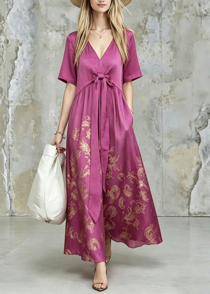 Fine Purple V Neck Print Tie Waist Long Dress Summer