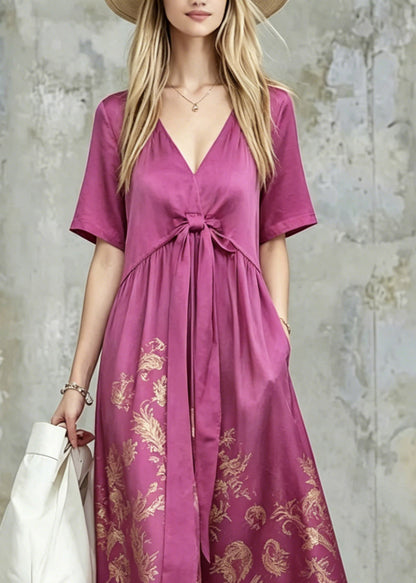Fine Purple V Neck Print Tie Waist Long Dress Summer