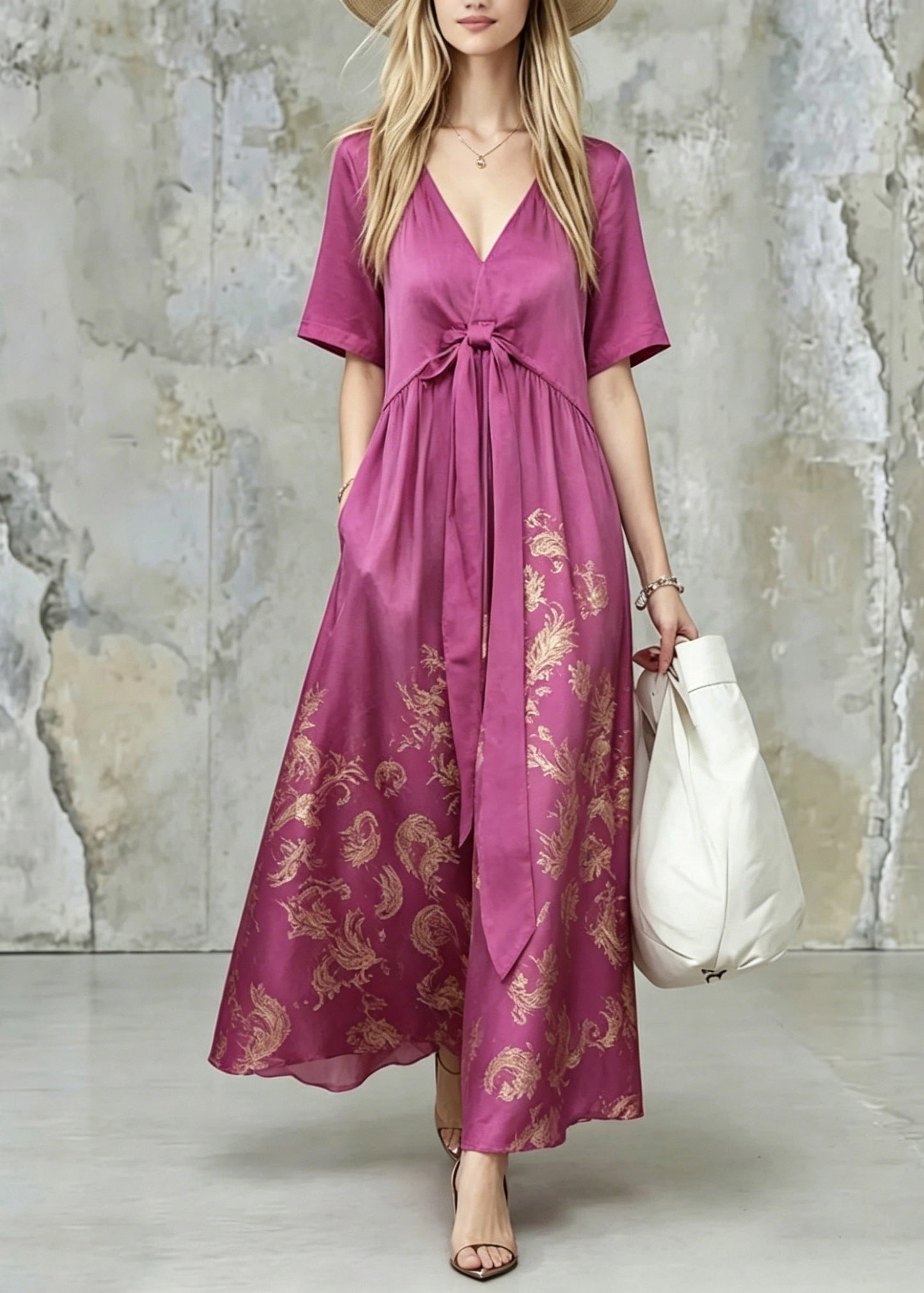 Fine Purple V Neck Print Tie Waist Long Dress Summer