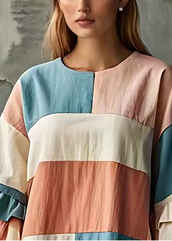 Fine Rainbow O-Neck Patchwork Cotton Robe Dresses Flare Sleeve