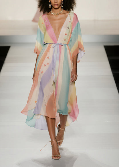 Fine Rainbow Tie Waist Print Chiffon Holiday Dress Summer