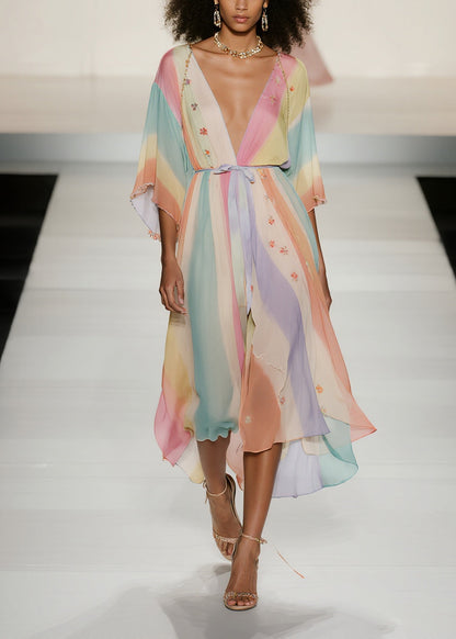 Fine Rainbow Tie Waist Print Chiffon Holiday Dress Summer