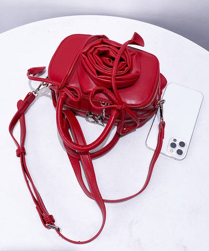 Fine Red 3D Flower Solid Durable Faux Leather Tote Handbag