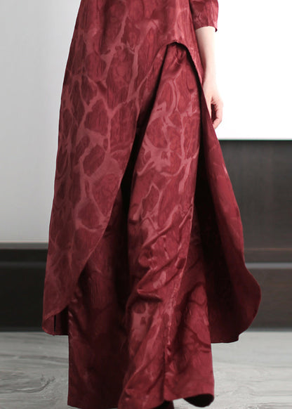 Fine Red Asymmetrical Jacquard Silk Two Pieces Set Spring