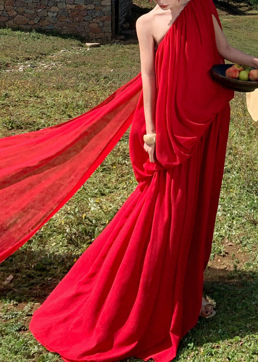 Fine Red Asymmetrical One Shoulder Solid Long Dress Sleeveless