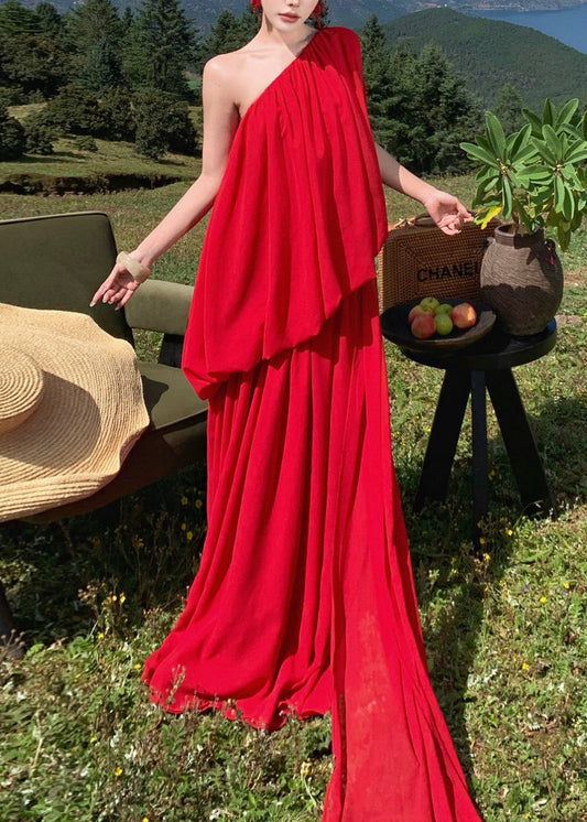 Fine Red Asymmetrical One Shoulder Solid Long Dress Sleeveless